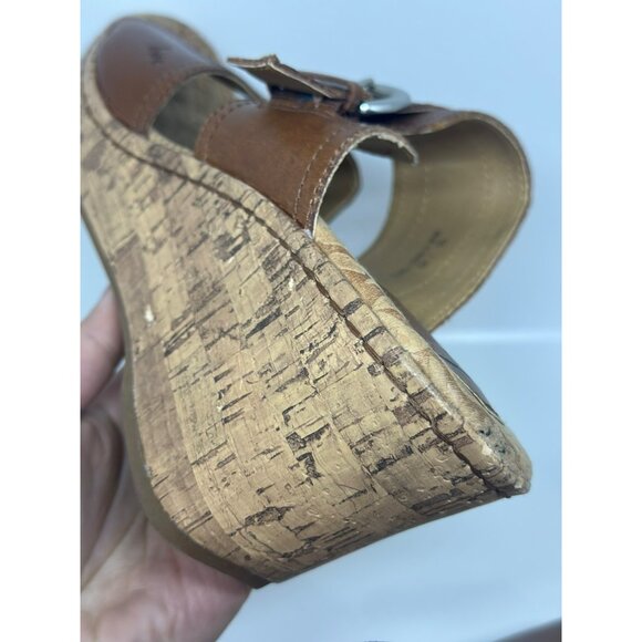 BOC Brown Leather Cork Wedge Sandals Buckle Heels C19023 Women Size 10 - Picture 8 of 10